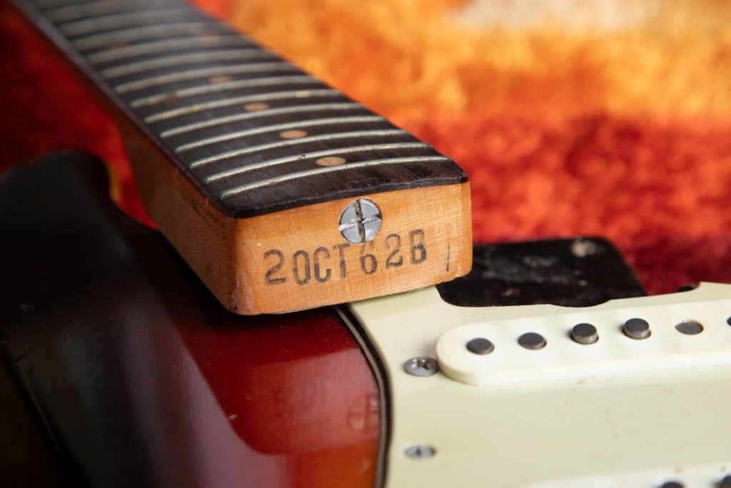 Vintage Fender Guitar Neck Heel Showing A Hand-Stamped '2 OCT 62 B'