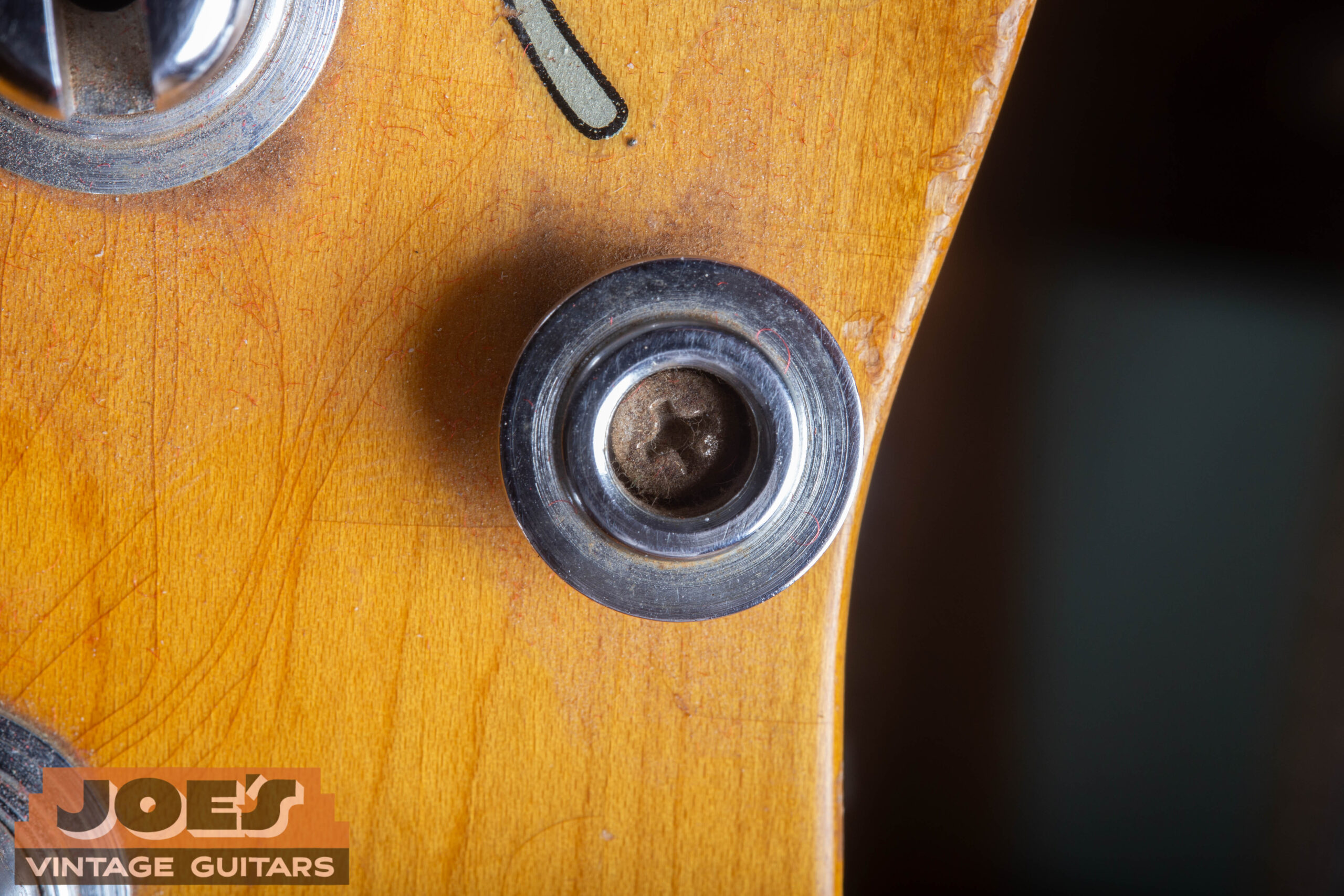 Circular string tree on a 1952 Fender Precision Bass headstock