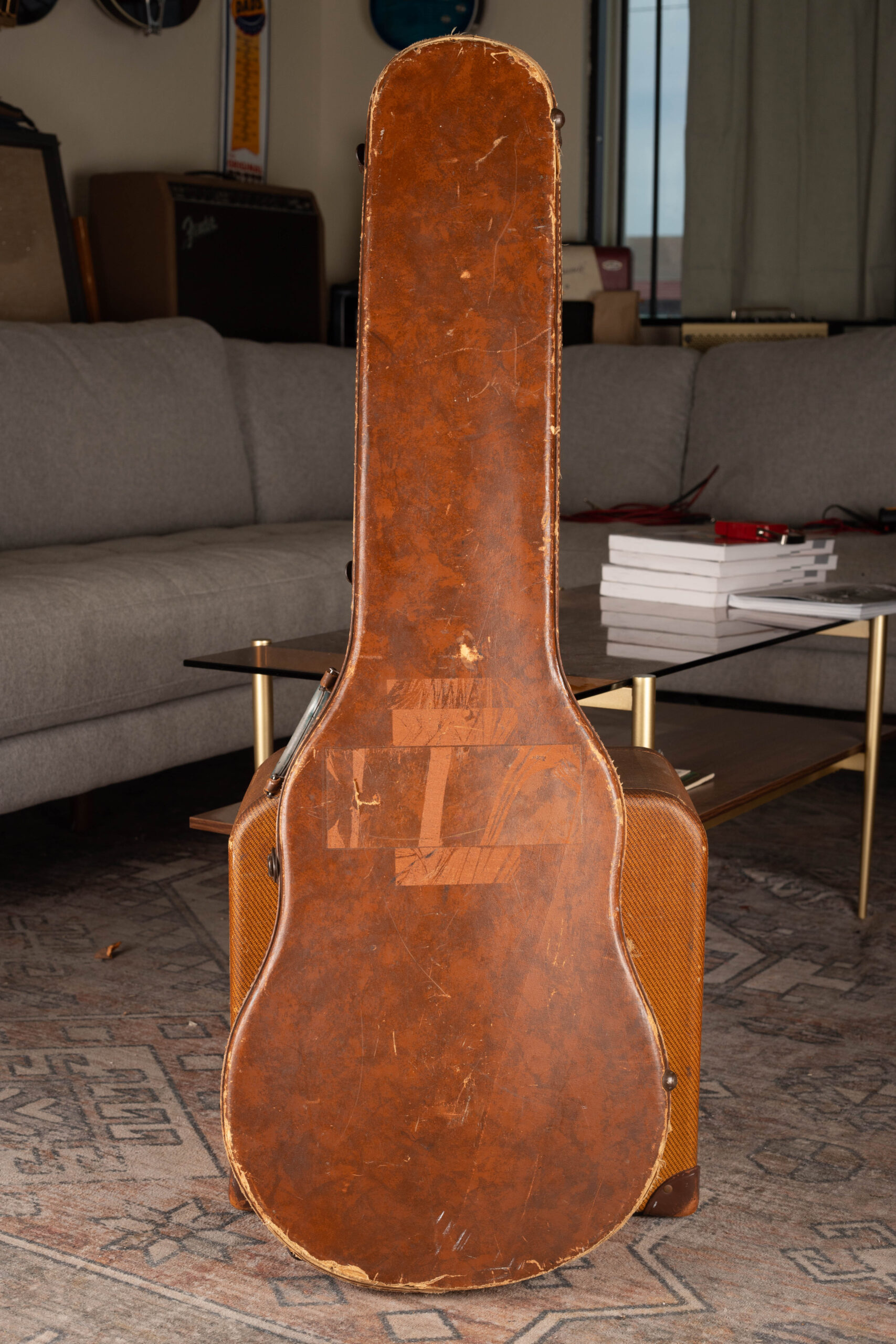 1954 Gibson Les Paul Goldtop original Lifton hardshell case — brown exterior with pink or orange plush lining, four latches