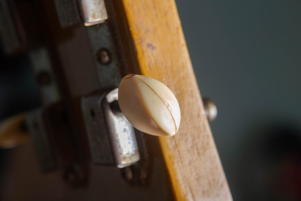 Macro view of the original 1955 Gibson Les Paul Special Kluson Deluxe tuner buttons. The image shows the aged, "creamy" plastic buttons with a characteristic "shrunk" or "melted" texture caused by seven decades of outgassing. The buttons are attached to the 3-on-a-strip tuner units on the mahogany headstock.