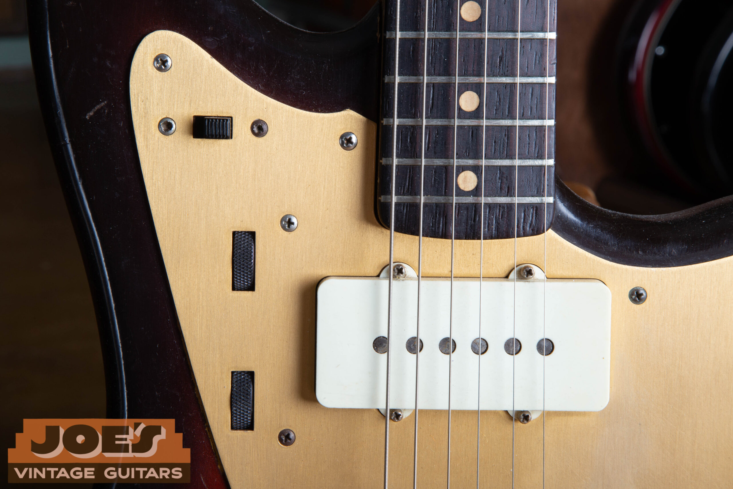1959 Fender Jazzmaster gold anodized aluminum pickguard — original gold guard era 1958-mid 1959 Jazzmaster showing shielding and 9-screw configuration