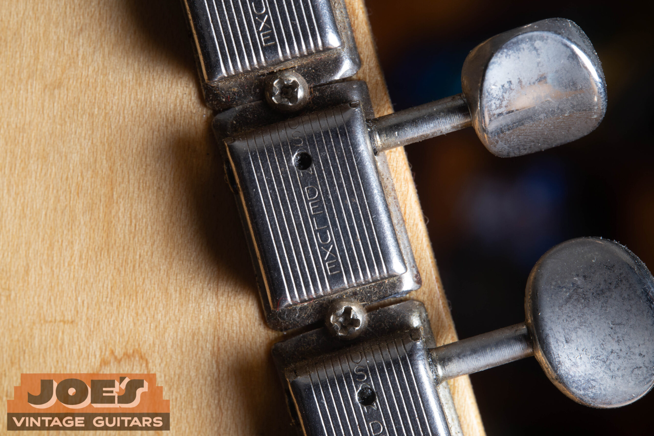 1959 Fender Jazzmaster single-line Kluson Deluxe tuners — KLUSON DELUXE text on single line on gear housing back, correct ~1960-1964 tuner specification