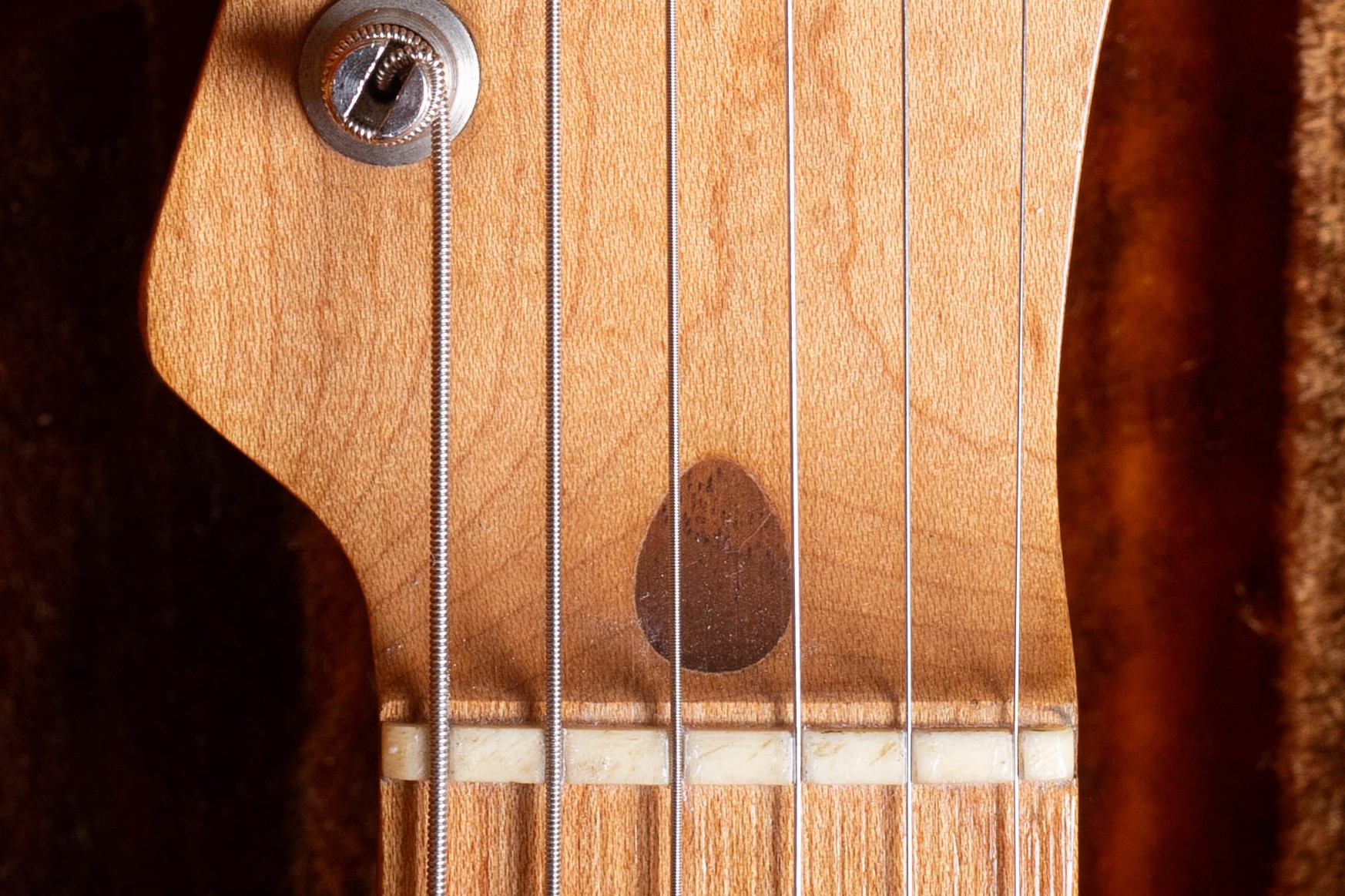 1959 Fender Telecaster early maple board nut area showing one-piece maple neck with no glue line — early 1959 pre-rosewood configuration