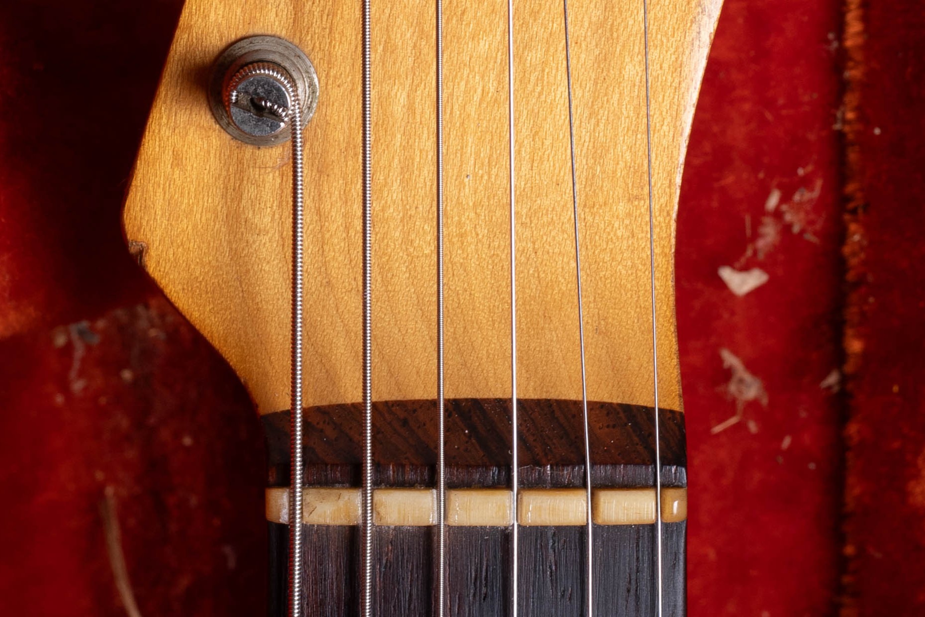 1959 Fender Telecaster thick slab rosewood fingerboard nut area showing glue line and approximately 4.8mm board thickness — mid to late 1959