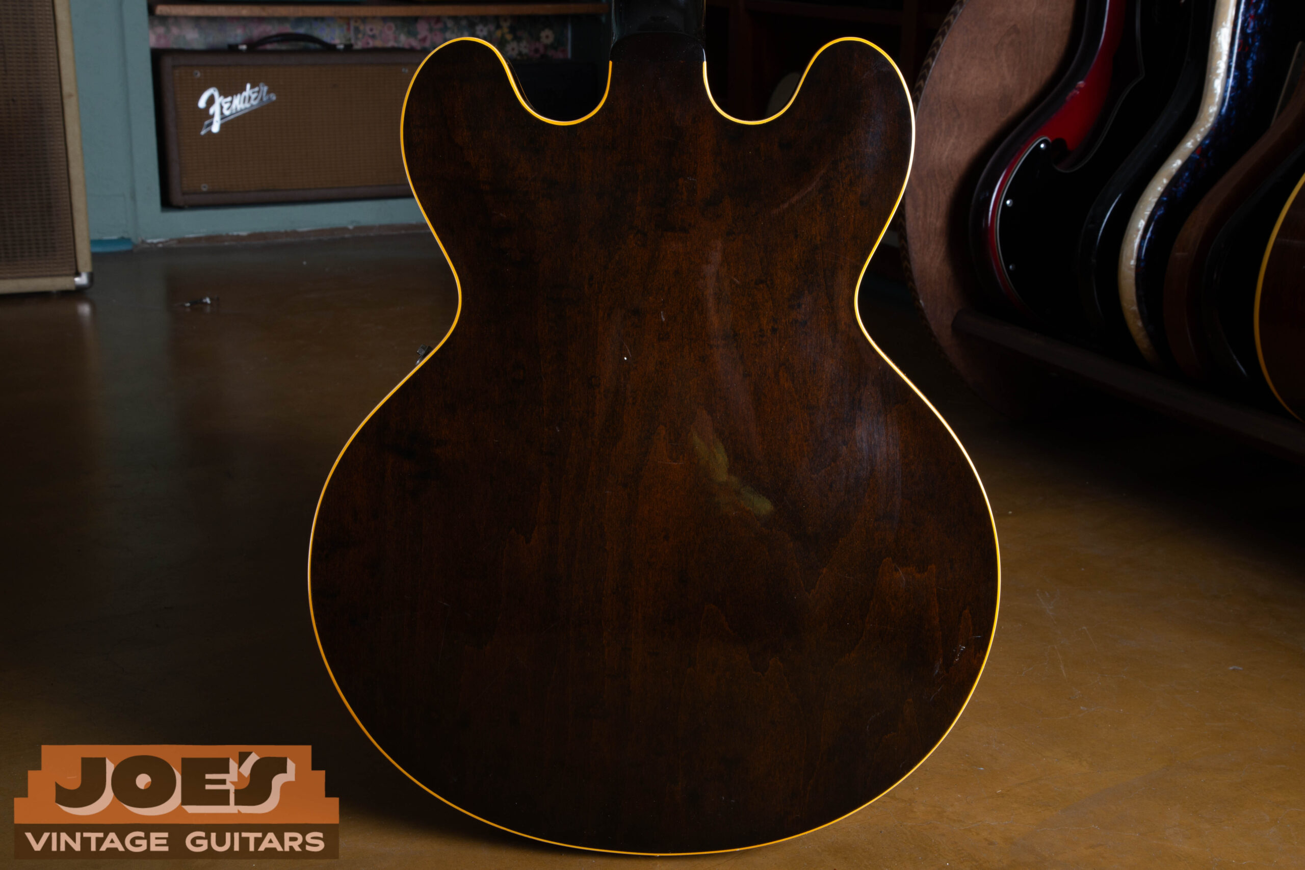 Back of a 1959 Gibson ES-330 showing the characteristic walnut stain on the maple back
