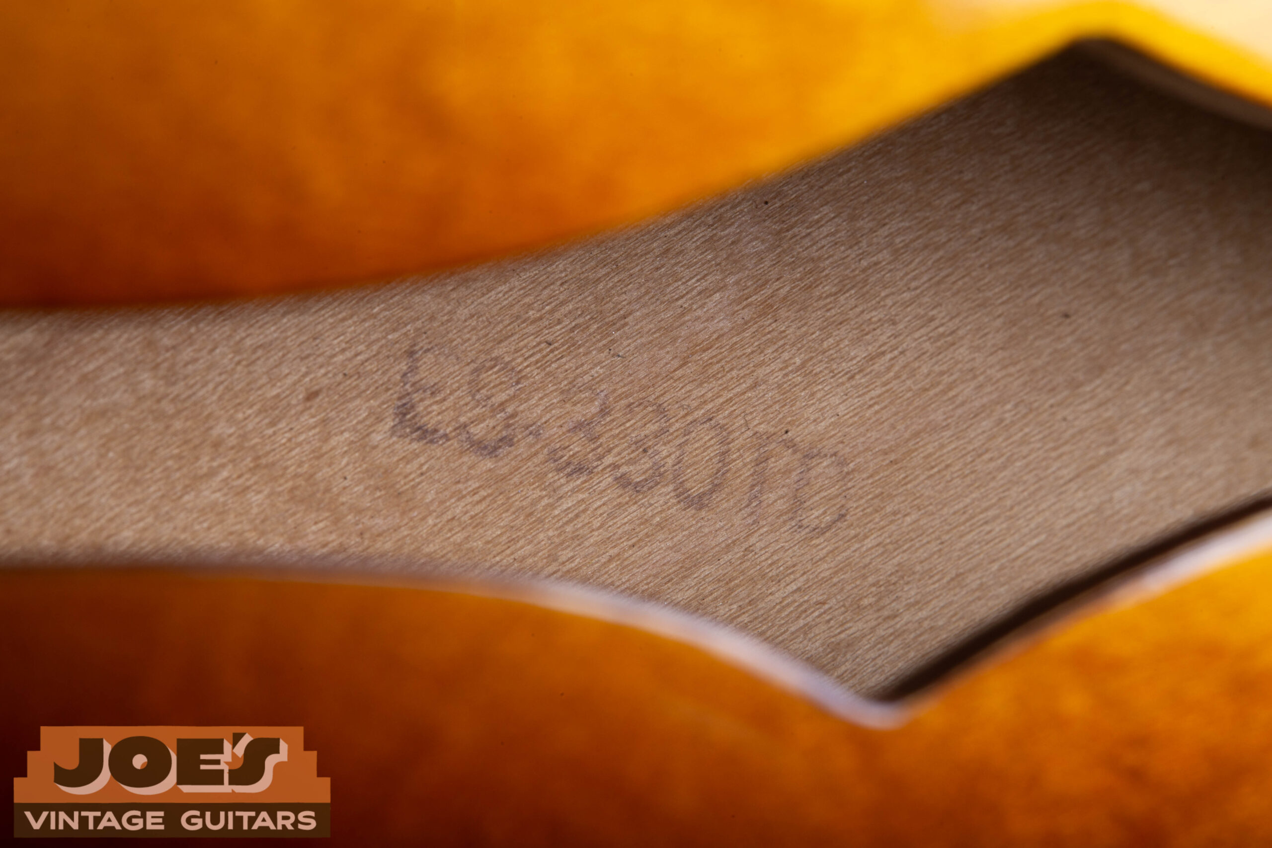 Interior ink stamp on a 1959 Gibson ES-330 showing the model designation — dot-neck ES-330s have no interior label, only this ink stamp and the penciled FON