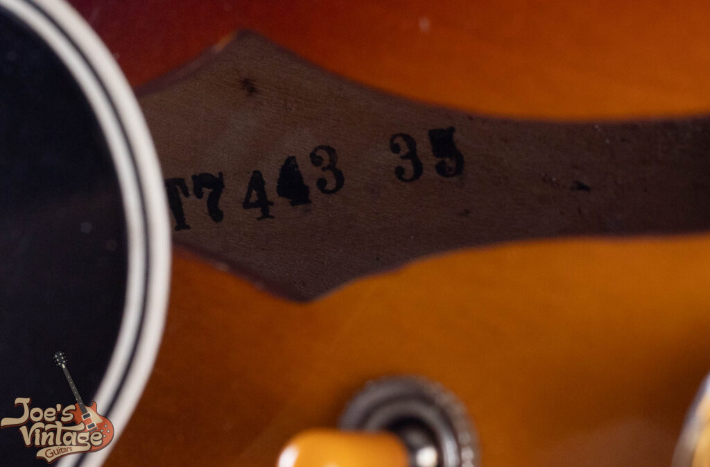 1958 Factory Order Number (FON) visible through the f-hole of a 1959 Gibson ES-335 with rare 1958-spec thin top construction.