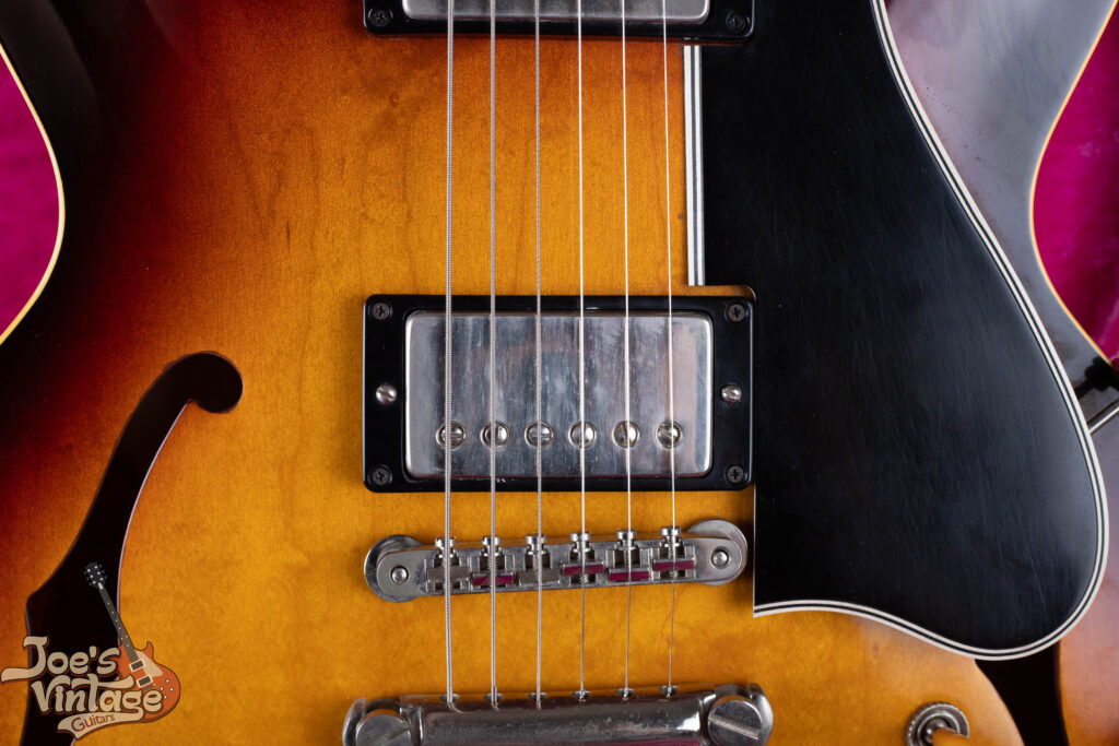 Vintage 1959 Gibson ES-335 bridge detail showing the original ABR-1 no-wire construction and period-correct nickel plating.