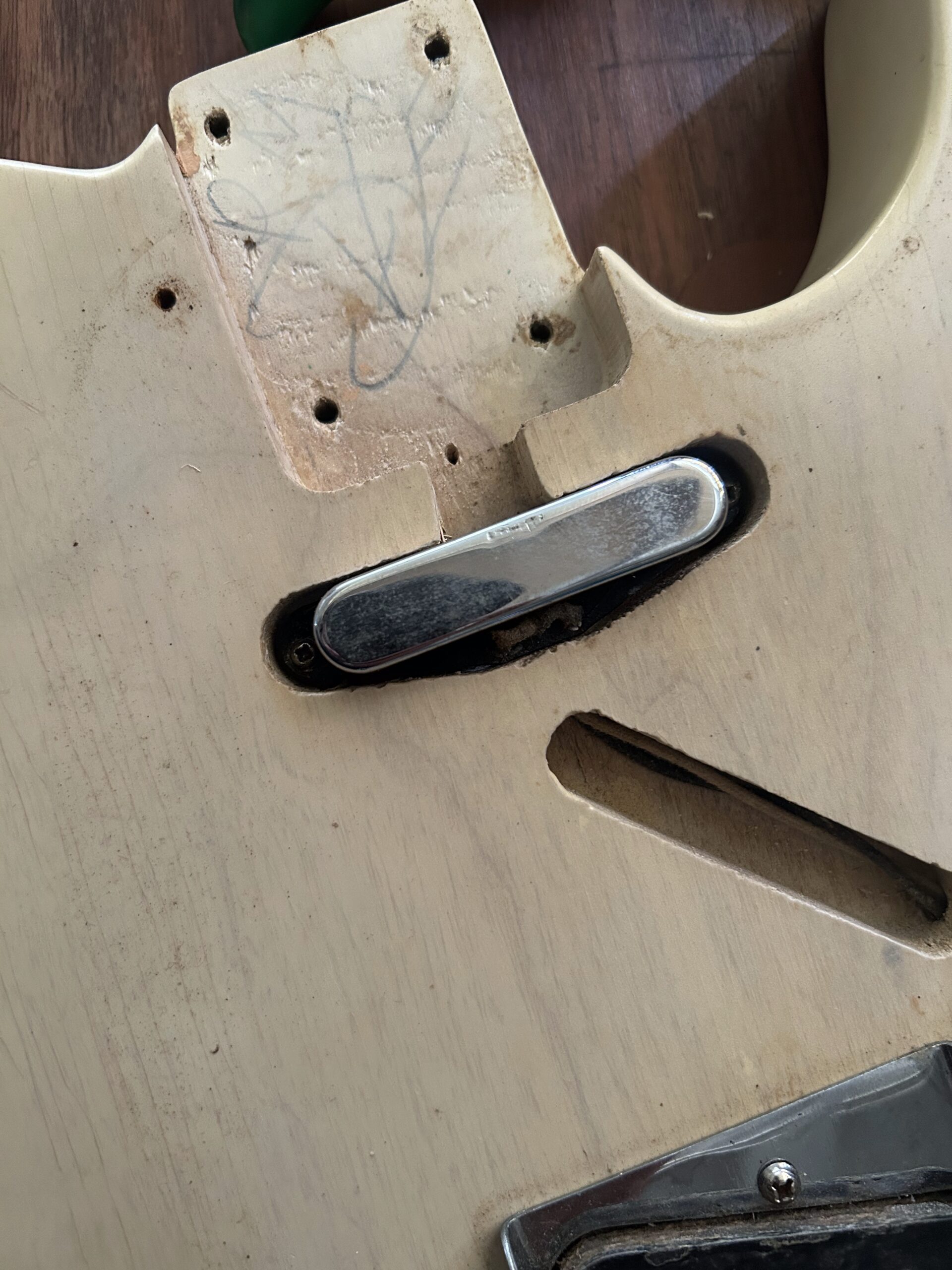 1959 Fender Telecaster neck pocket showing finishing nail hole inside cavity — confirms mid-to-late 1959 body production date