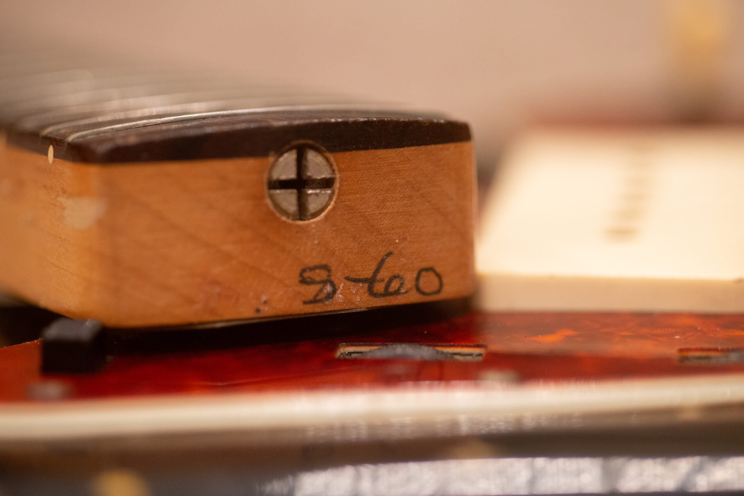 1960 Fender Jazzmaster neck heel pencil date — handwritten month and year on neck butt end, pre-CBS dating method used 1958 through spring 1962