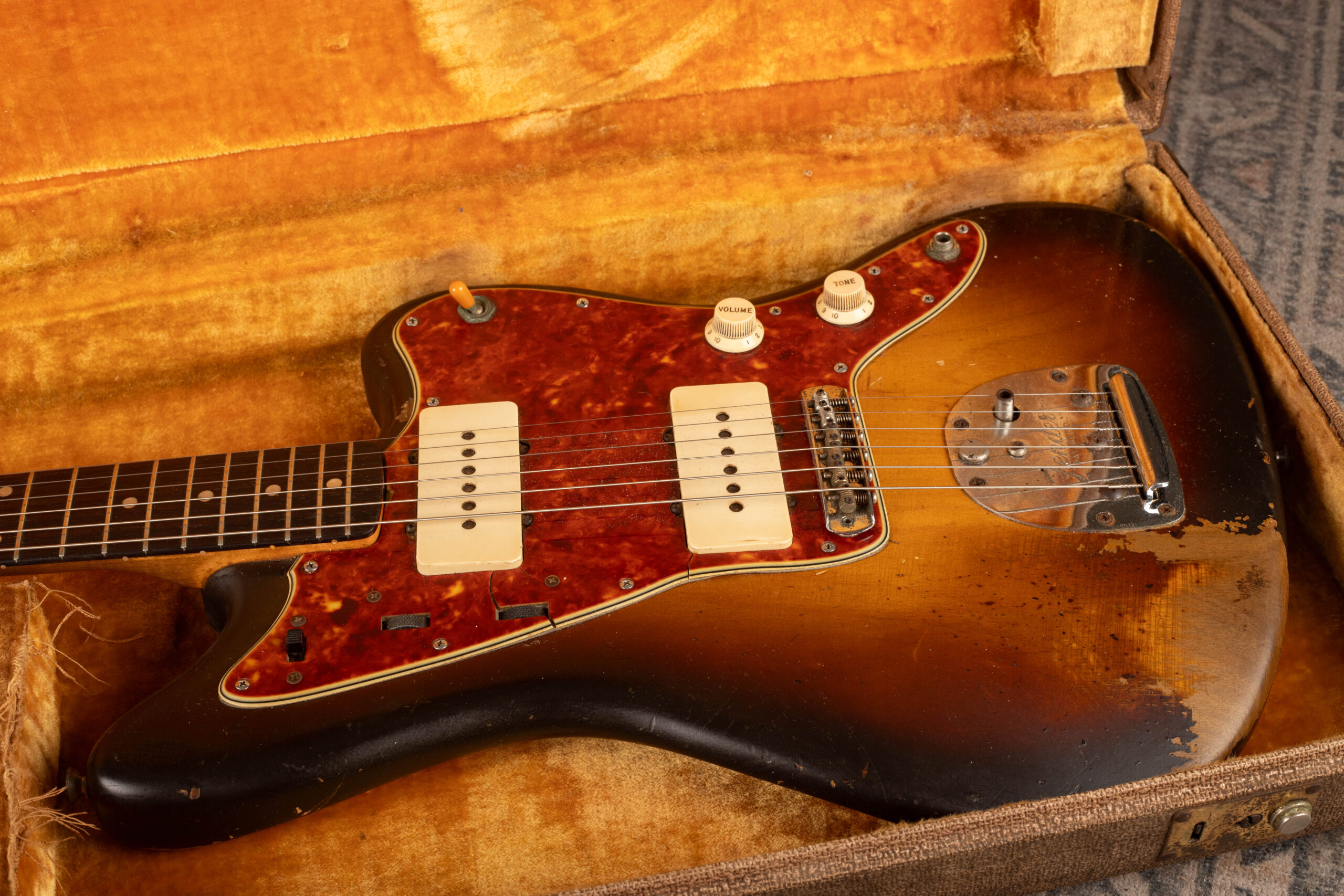 1962 Fender Jazzmaster with original brown Tolex case — complete pre-CBS example with slab rosewood fingerboard in correct period case