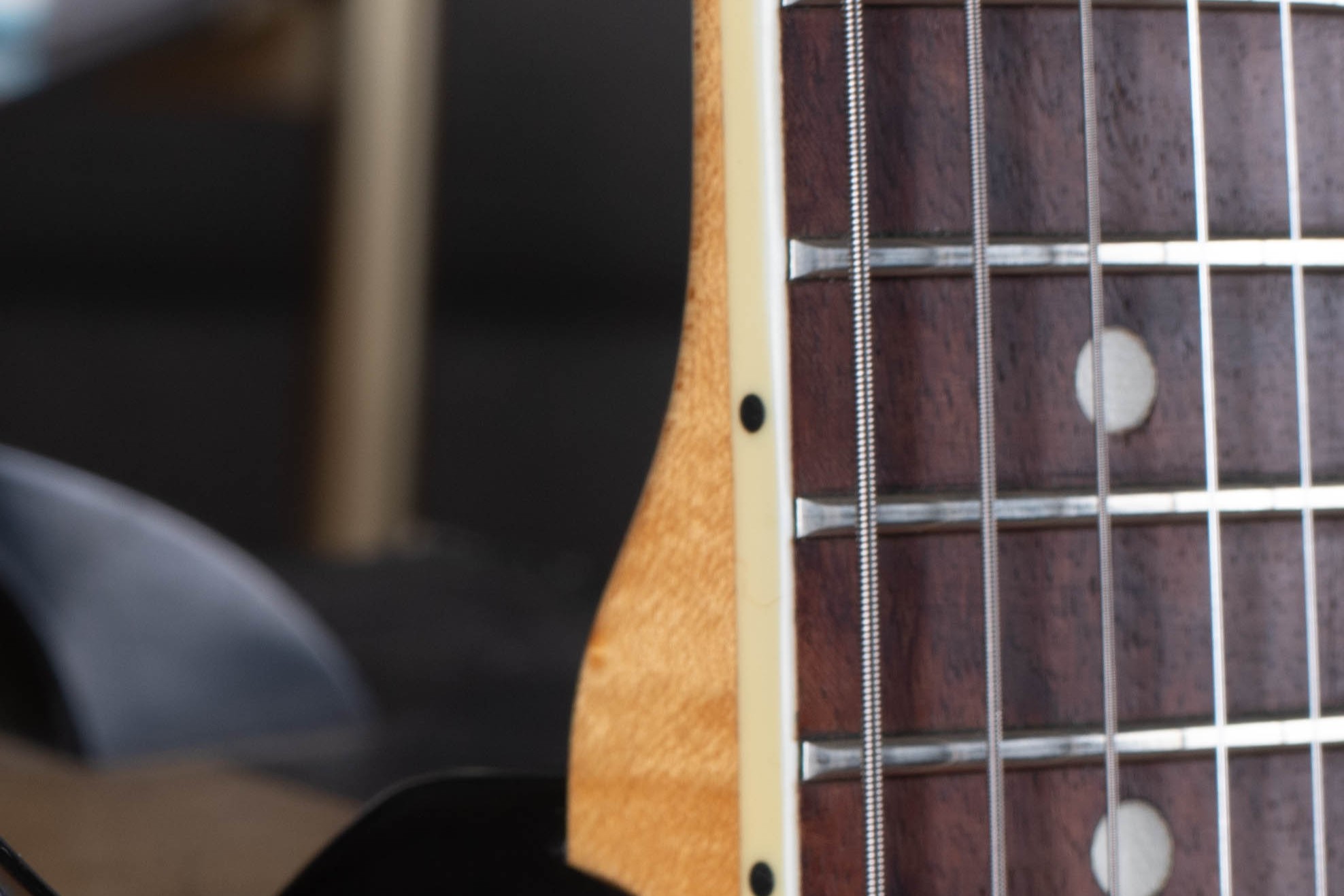 1966 Fender Jazzmaster neck binding — white plastic binding on fingerboard edge with block inlays, CBS-era bound neck introduced late 1965