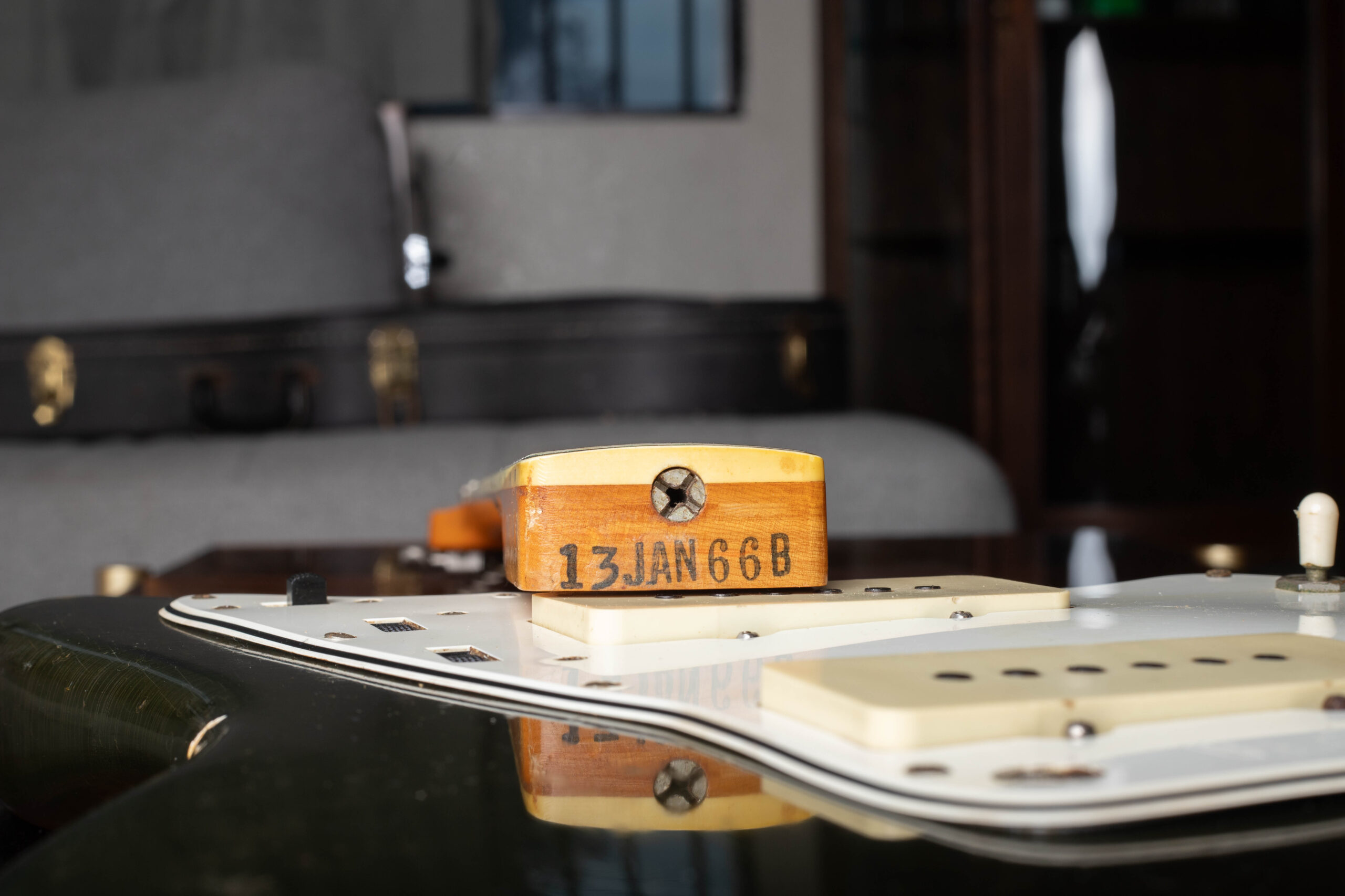 1966 Fender Jazzmaster neck heel rubber stamp date code — model number month year and nut width confirming CBS-era production date