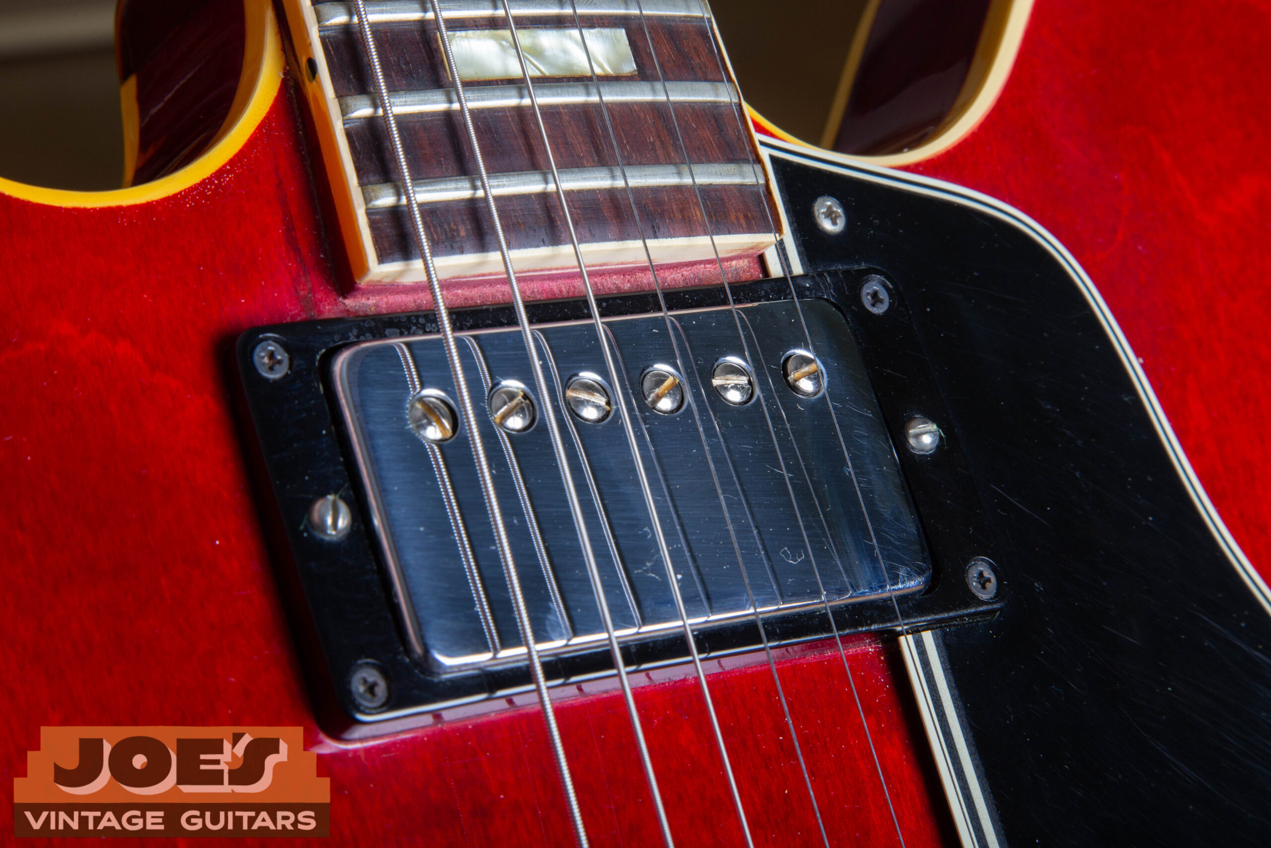 1966 Gibson ES-335 Patent Number humbucker pickup with chrome cover — correct pre-T-top Patent Number humbucker showing period-correct chrome aging