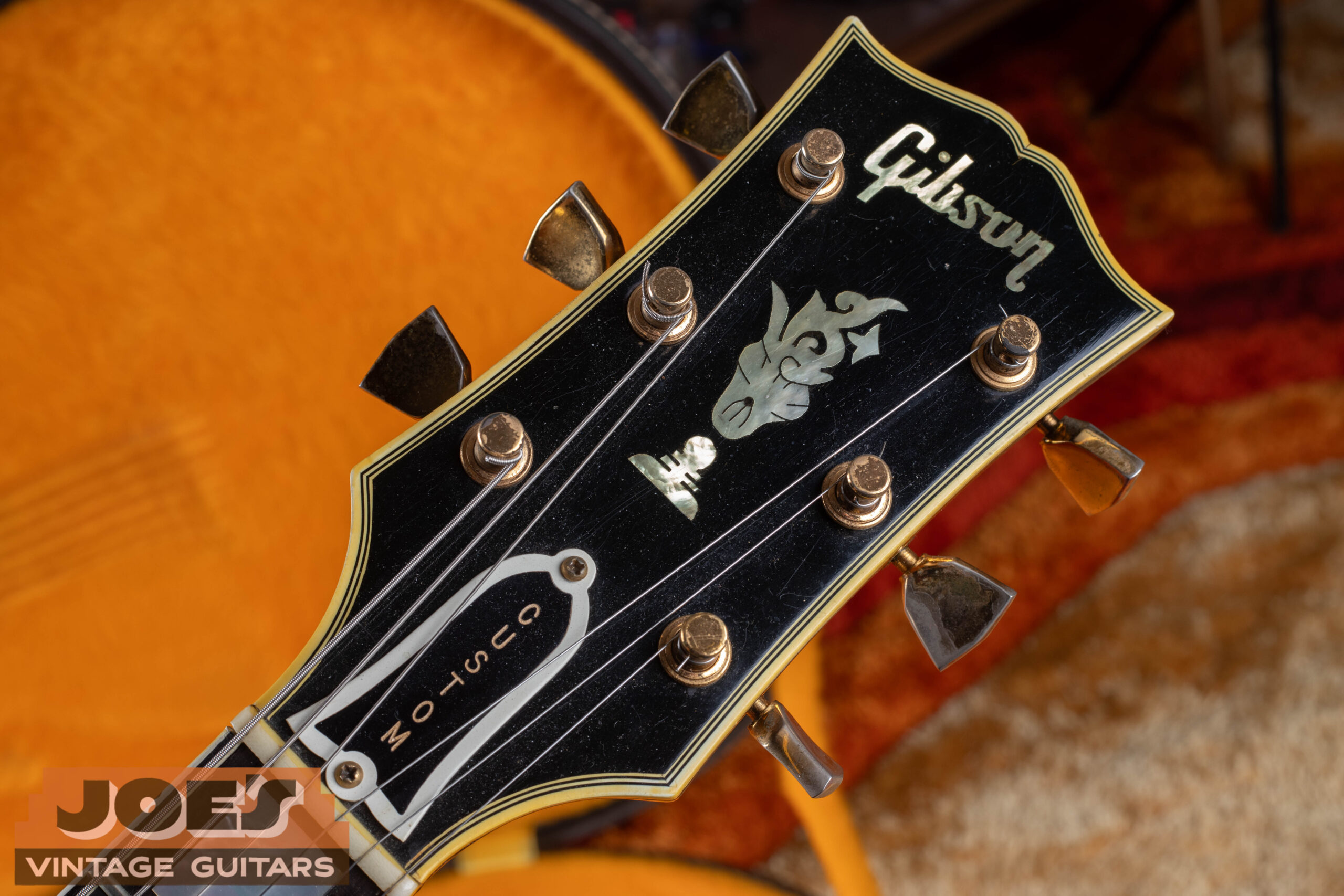 1967 Gibson Byrdland headstock showing Custom truss rod cover — correct pre-1970 configuration with pearl flowerpot inlay