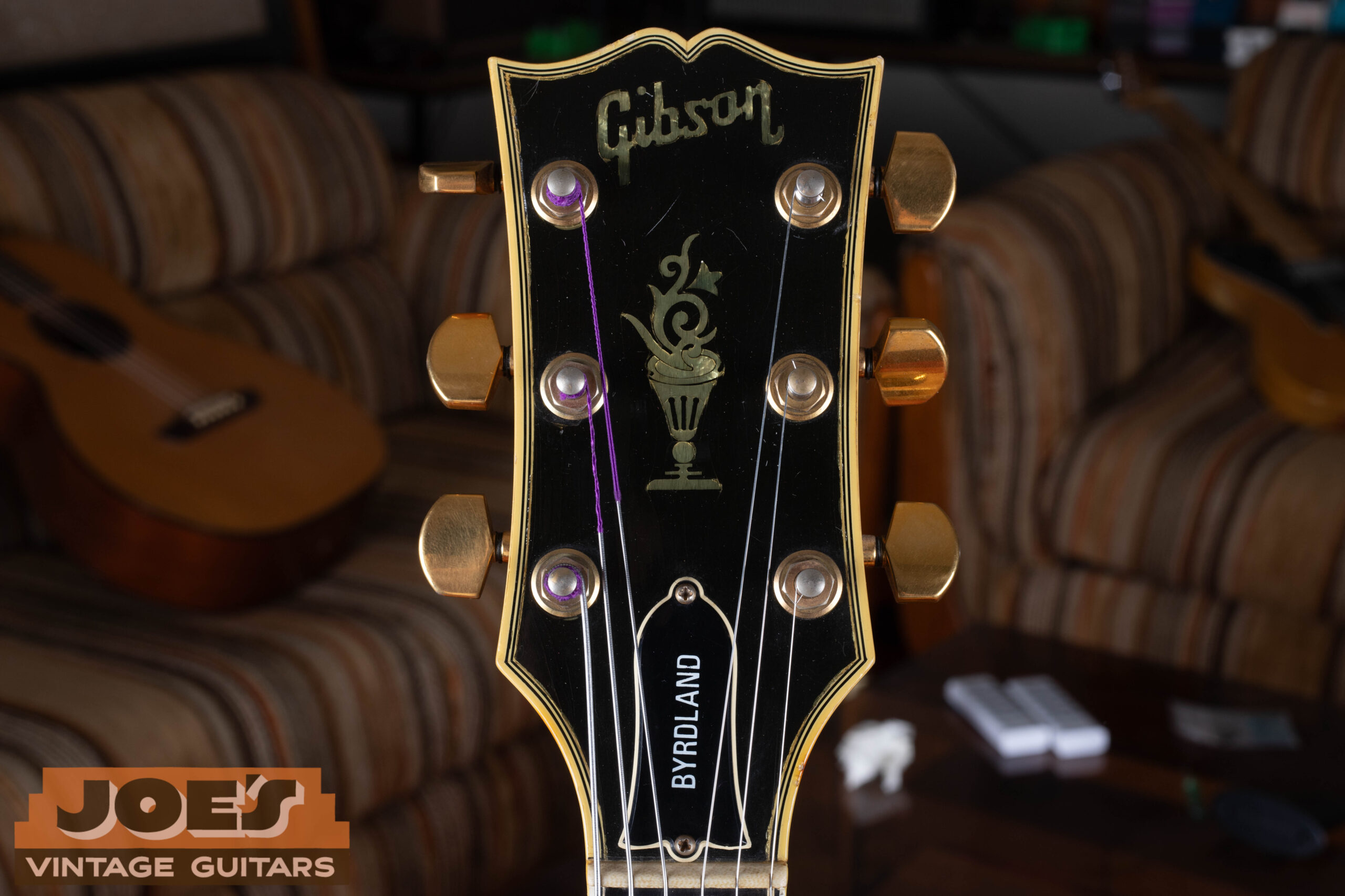1970s Gibson Byrdland headstock showing Byrdland truss rod cover and Made in USA stamp — Norlin era identification