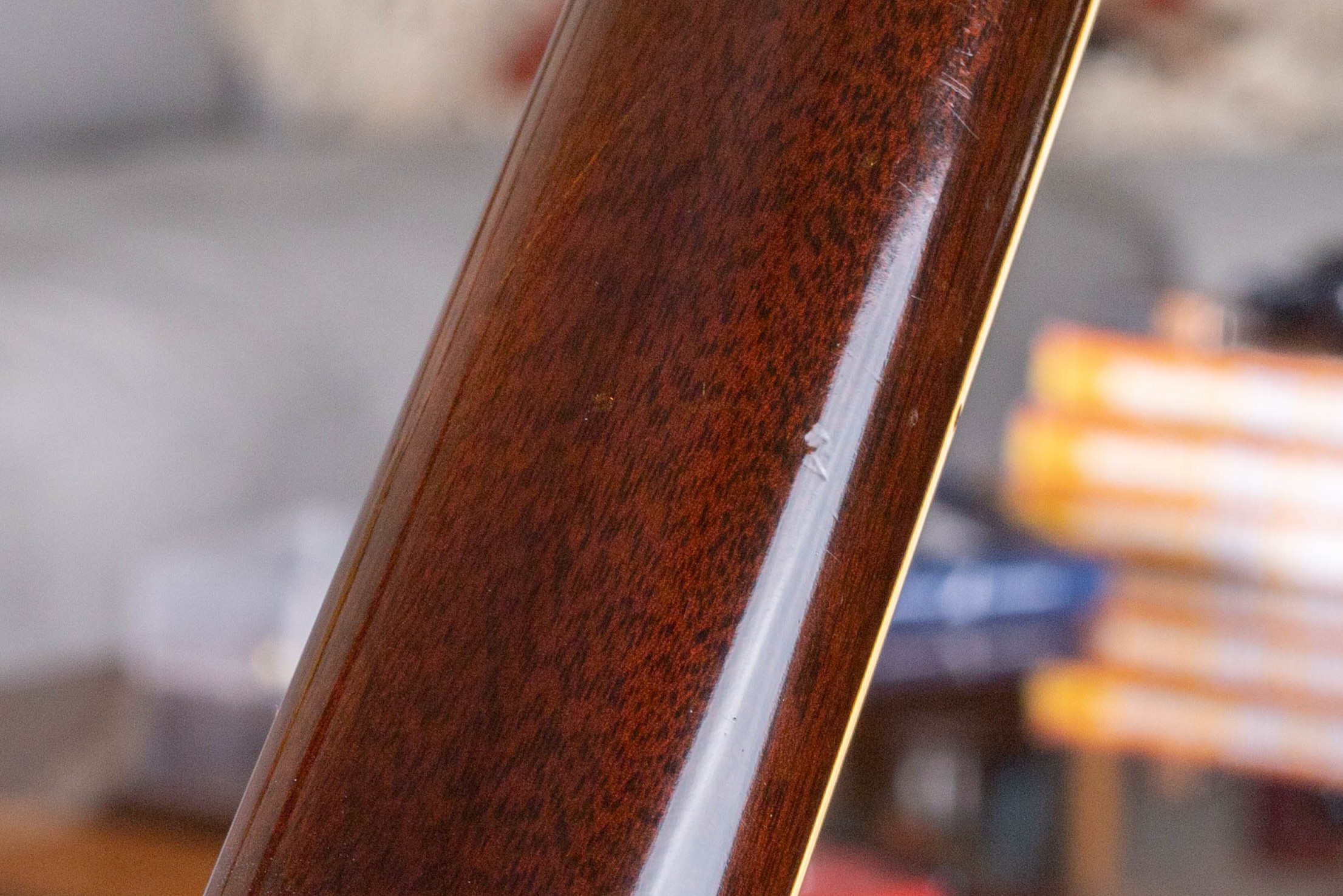 One-piece mahogany neck on a vintage Gibson — the single uninterrupted mahogany blank used on all Gibson electric models from the beginning through 1969