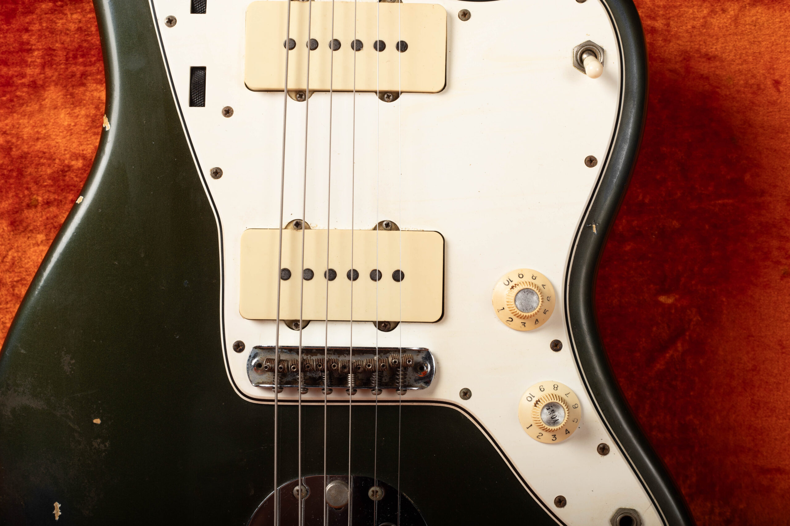 Charcoal Frost Metallic Fender Jazzmaster with original white pickguard — correct white guard on custom color Jazzmaster with matching headstock