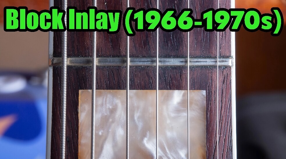 "Fender large Pearloid Block inlays (1966–1970s) on vintage Jazzmaster or Jaguar rosewood fretboard