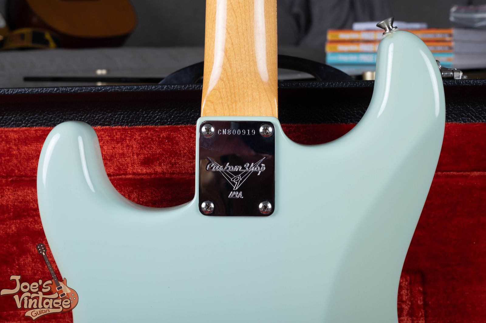 Fender Custom Shop CN prefix serial number on neck plate — Custom Shop 1990s production decoded the same way as a standard N-prefix serial