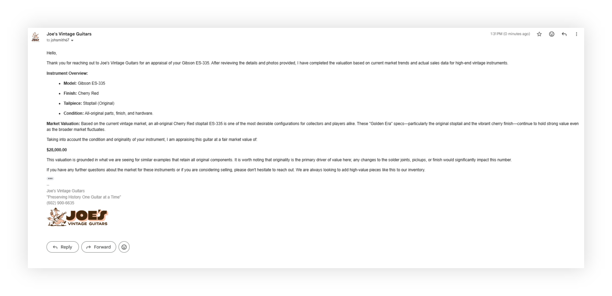 E-Mail By Joe Dampt Explaining The Current Market Value Of A Cherry Red Gibson ES-335 Vintage Guitar