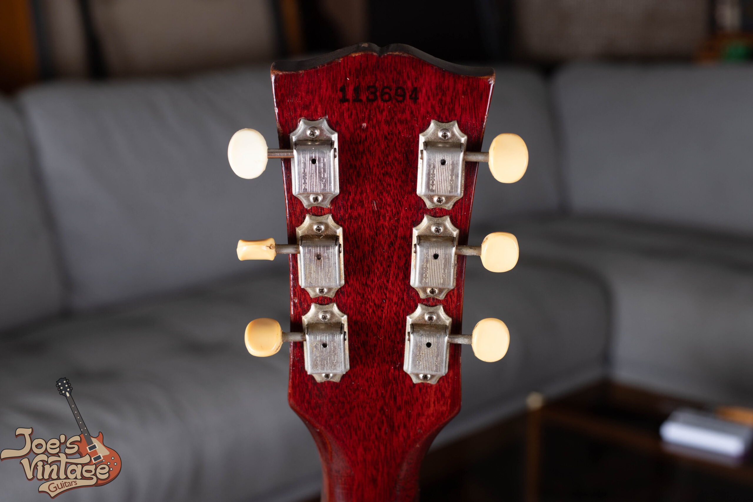 Double-line Kluson tuners on a 1966 Gibson ES-335 — two lines of text stamped on the tuner cover indicating mid-1960s production