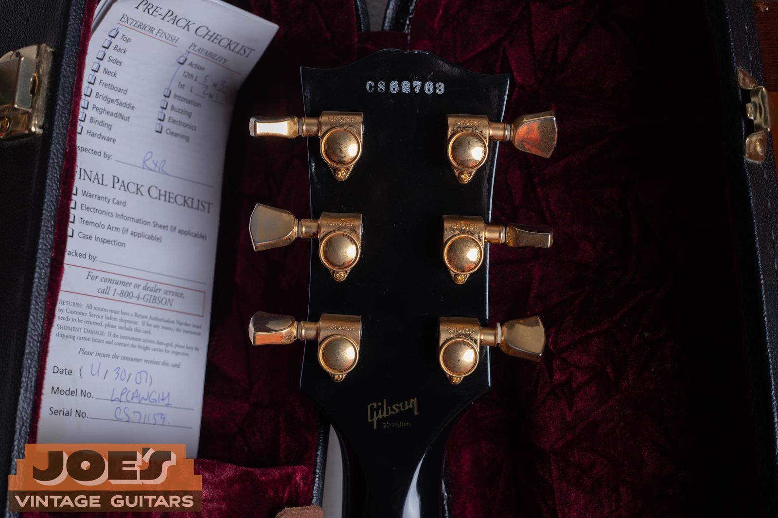 CS prefix ink stamped serial number on the back of the headstock of a Gibson Custom Shop Les Paul