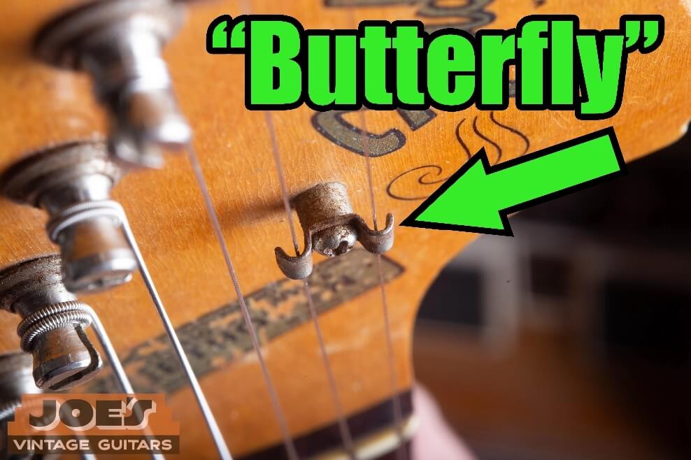 'Butterfly' wing-shaped string tree on vintage Telecaster headstock - mid-1956