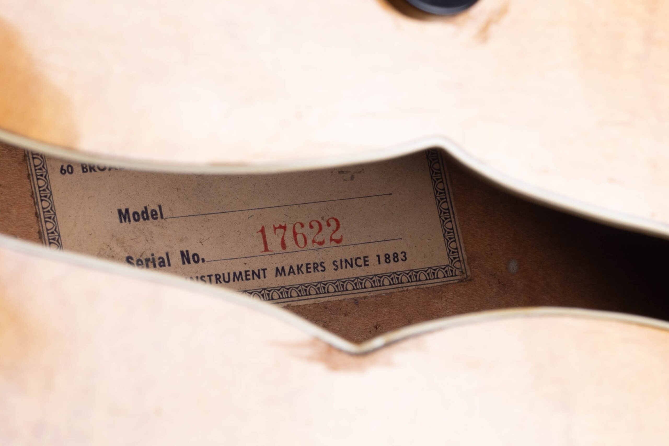 5-digit red ink serial number stamp on the interior label of a 1955 Gretsch Country Club — an example of the first-generation Brooklyn Label