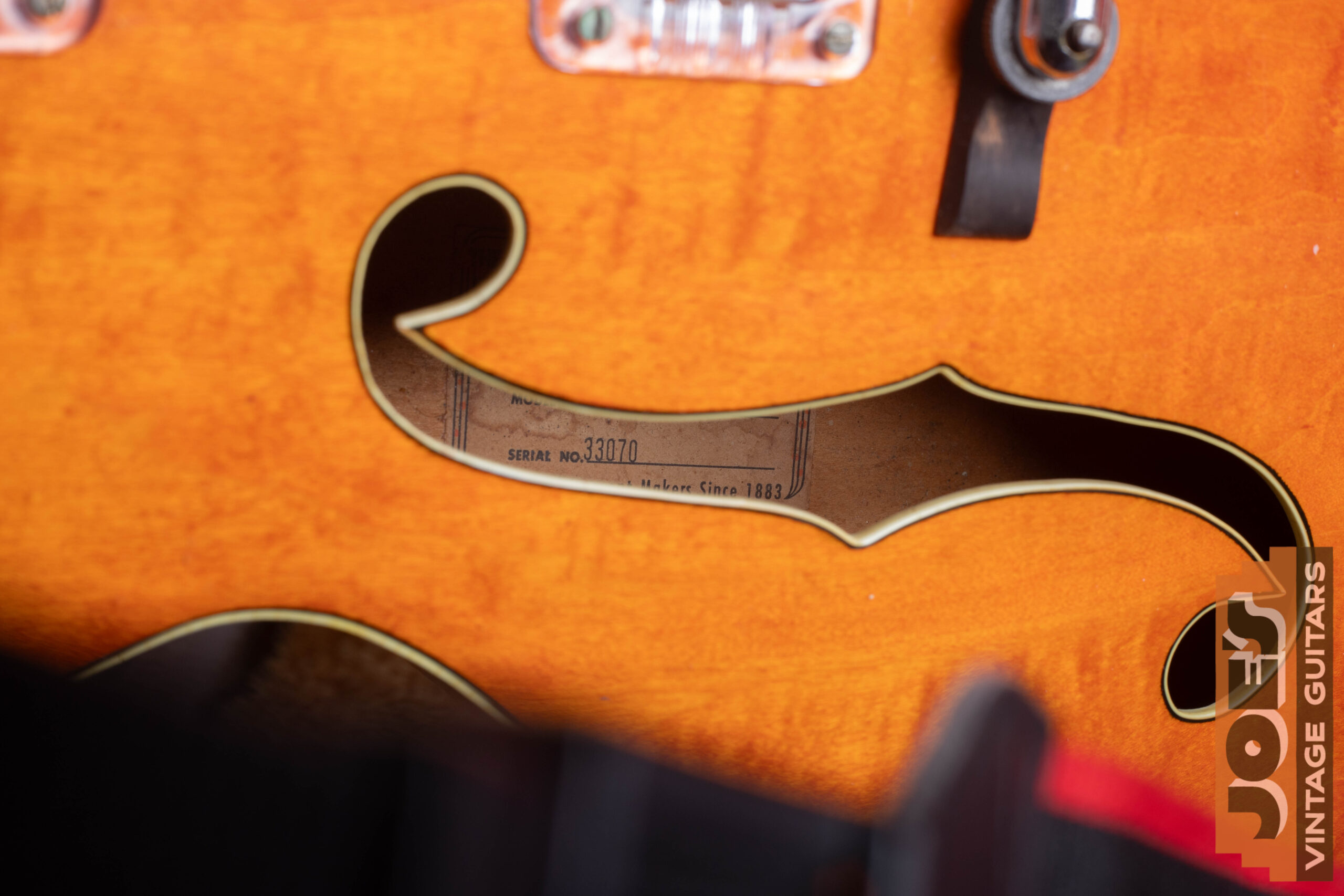 5-digit black ink serial number stamped on the headstock of a 1959 Gretsch 6120 Chet Atkins hollowbody — sequential era serial number example