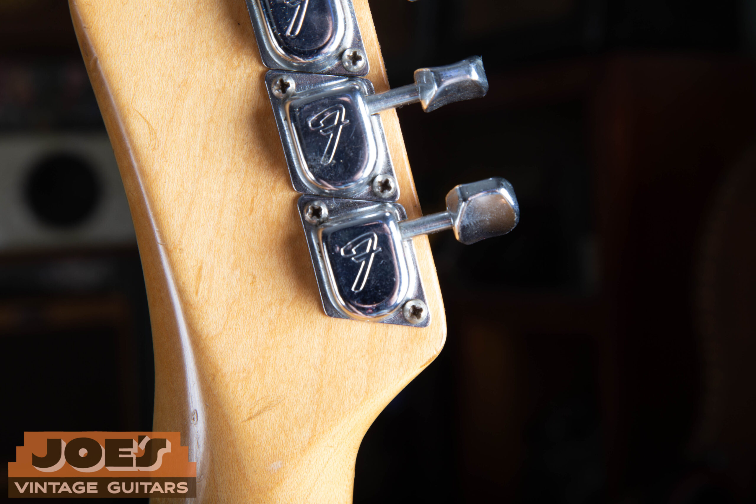 Chrome F-stamped Kluson-style tuning machines on 1969 Fender Paisley Telecaster headstock
