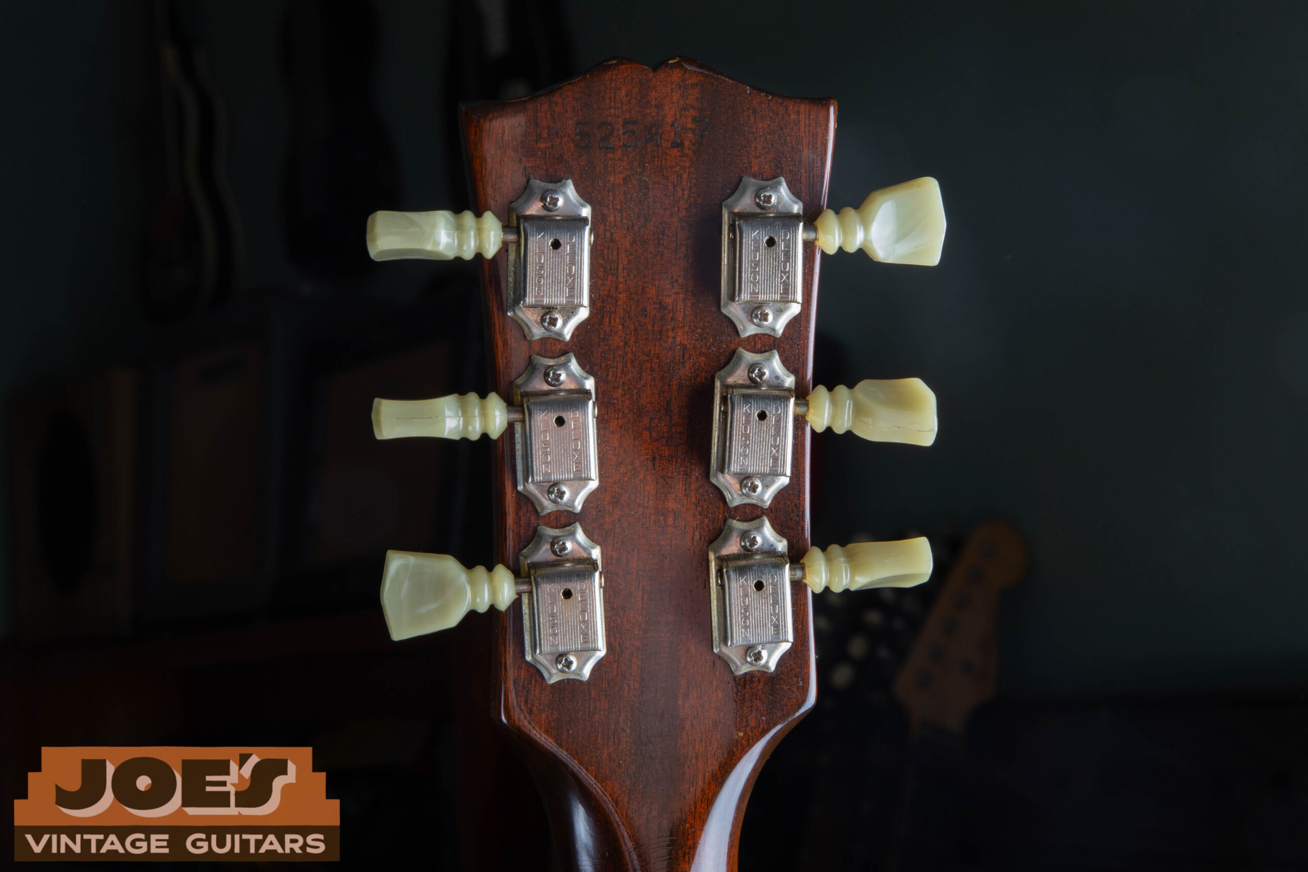 Back of headstock on a 1968 Gibson ES-335 showing original Kluson double-line tuners