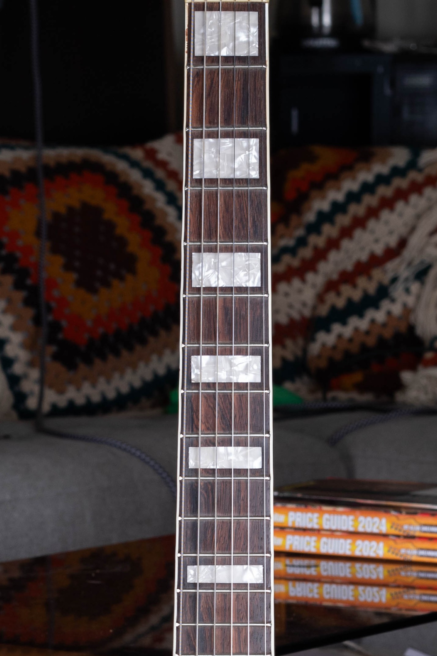 Gretsch block fingerboard inlays on a 1954–1956 era guitar — plain rectangular celluloid blocks, the earliest production inlay style on the major 6000-series models