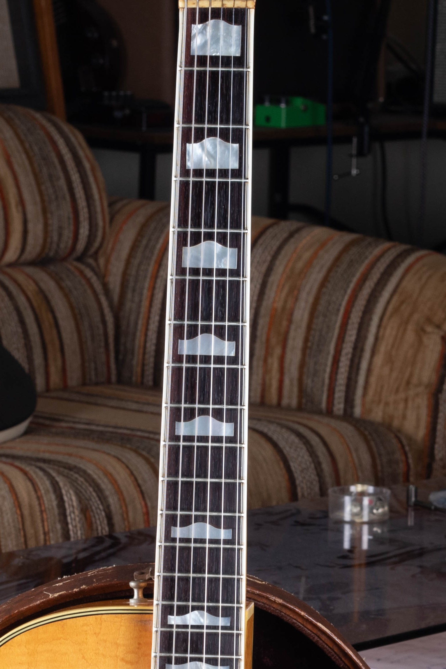 Gretsch Humptop block fingerboard inlays — the distinctive rounded dome on the top edge of each block identifies this as a 1957 model year instrument, the only year this transitional inlay style was used