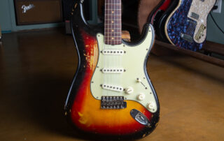Front shot of a 1963 Fender Stratocaster in Sunburst finish