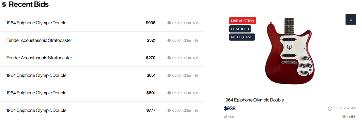 Live StringTree auction listing for a 1964 Epiphone, showing the bid count, time remaining, and curated listing format the platform uses.